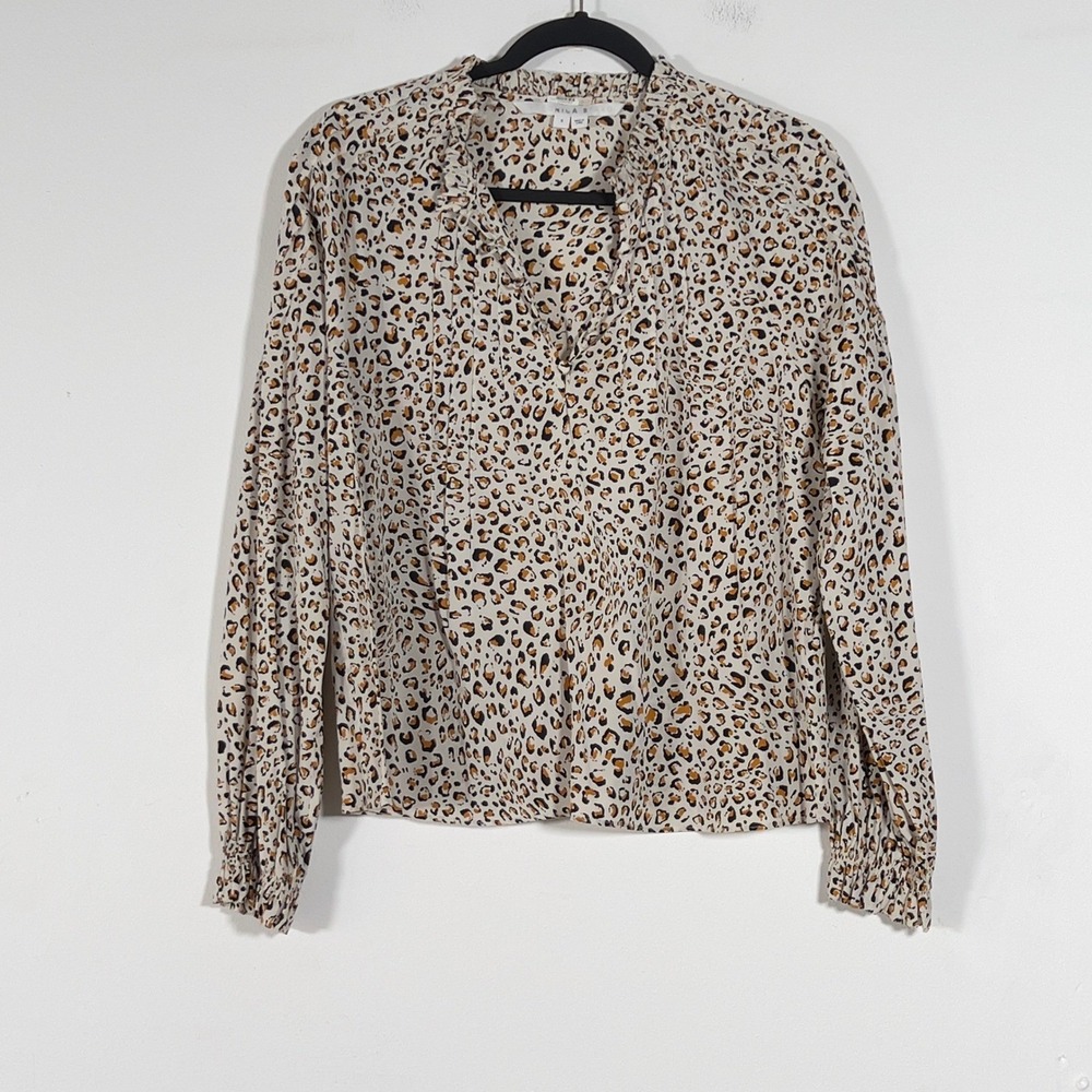 Veronica Beard Blouse Womens 8 Tan Leopard Print Silk Ruffle Neck Smocked Cuff